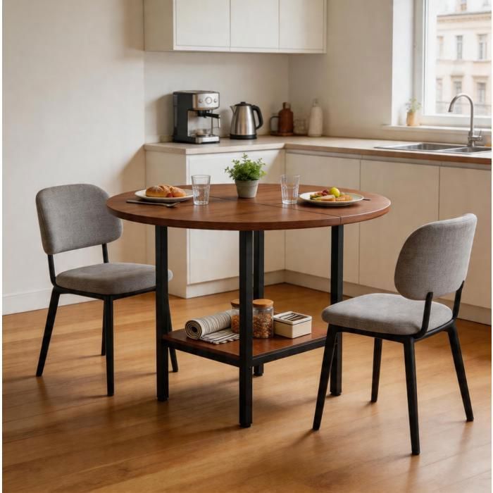 WUVRIE Table à manger ronde 100 cm noyer métal noir avec étagère de rangement pour 4 à 6 personnes