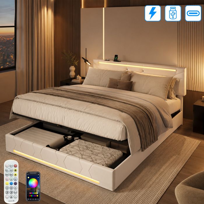 Lit double 140x190 en lin - coffre hydraulique avec rangement - LED RGB USB - sommier à lattes - cadre rembourré adulte ado -  beige