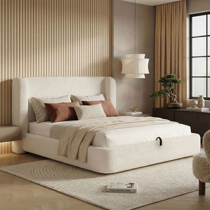 Piaenon - Lit coffre 180x200 cm Lit capitonné Lit double avec coffre hydraulique tête rembourrée et housse lavable - Bouclé - Beige