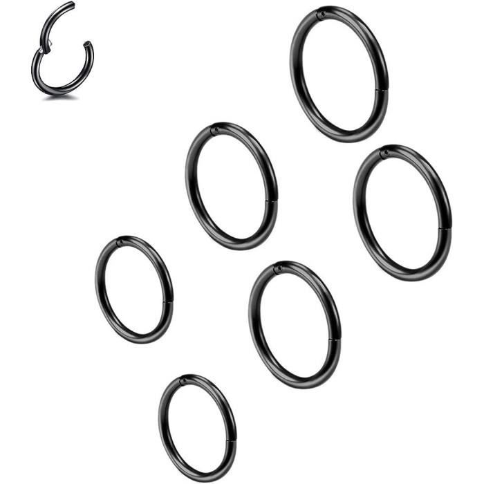 Anneaux De Nez Septum – Lot De 6 En Acier Inoxydable Noir – Tailles 6mm, 8mm, 10mm – 16 G (1,2mm) – Design Clicker Sans Couture – Pour Piercing Nez, Lèvre, Oreille - 5