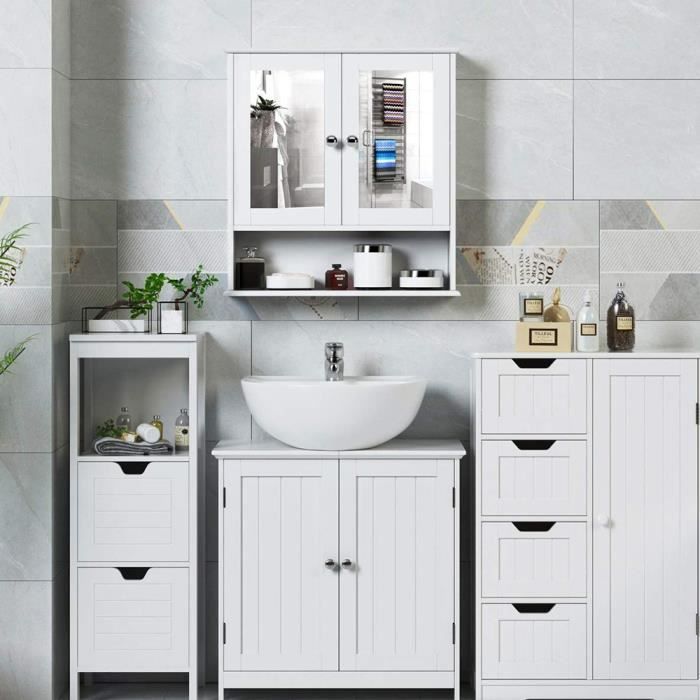 Meuble sous lavabo - Salle de Bain - Blanc - Style Scandinave Moderne - 2 Portes - 60x30x80 cm
