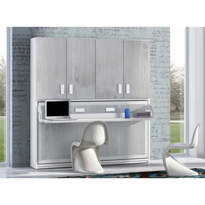 Lit escamotable 90x190 cm P 53 cm chêne gris avec étagères et bureau