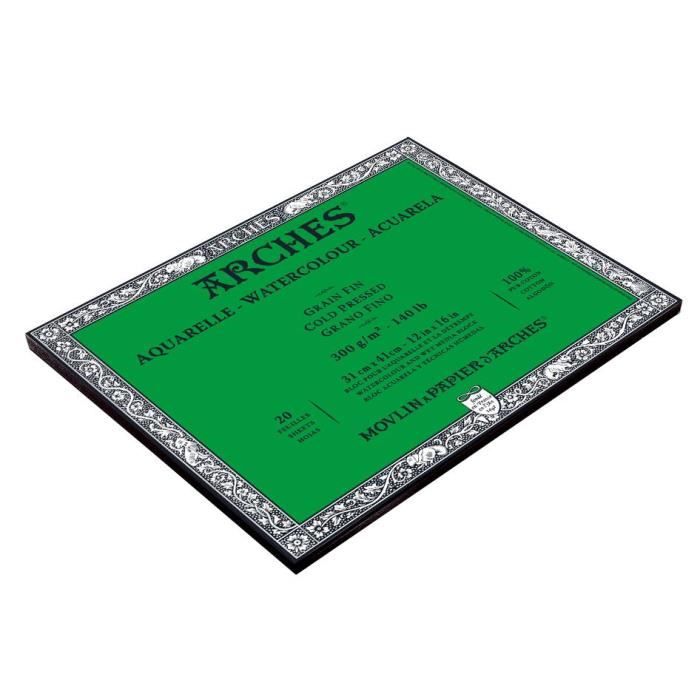 ARCHES Bloc Aquarelle 20 Feuilles 31x31 Cm 300g Grain Fin Collé 4 Côtés – 100% Coton Naturel