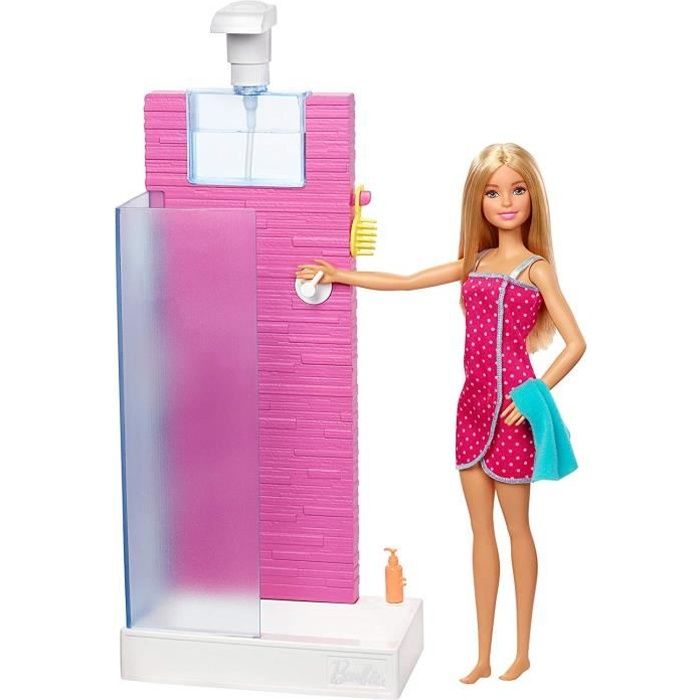 Barbie Mobilier coffret d'intérieur poupée et cabine de douche Fonctionnelle avec 3 accessoires de bain, jouet pour enfant, FXG51