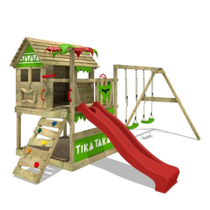 Fatmoose Aire De Jeux Portique Bois Tikataka Avec Balancoire Et Toboggan Rouge Cabane Enfant Exterieur Avec Bac A Sable Cdiscount Jeux Jouets