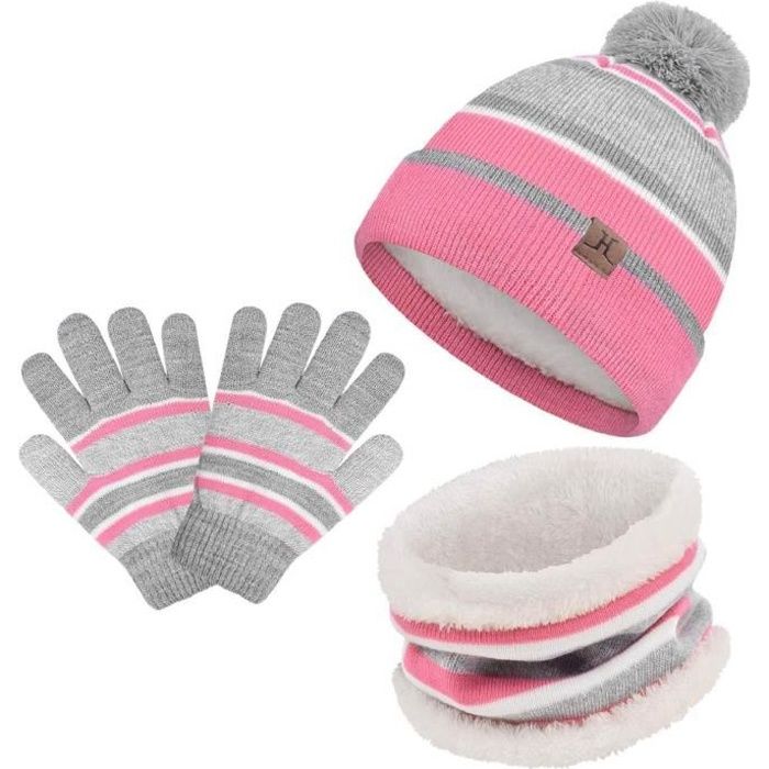 Ensemble de Gants Bonnet Echarpe pour Enfant, Tour de Cou d'Hiver