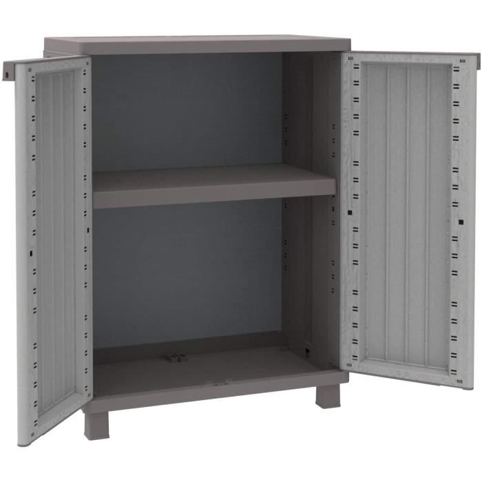 Armoire basse en plastique à 2 étages Terry Jwood 68 - Gris - Portes effet bois - 68 x 37,5 x 91,5 cm