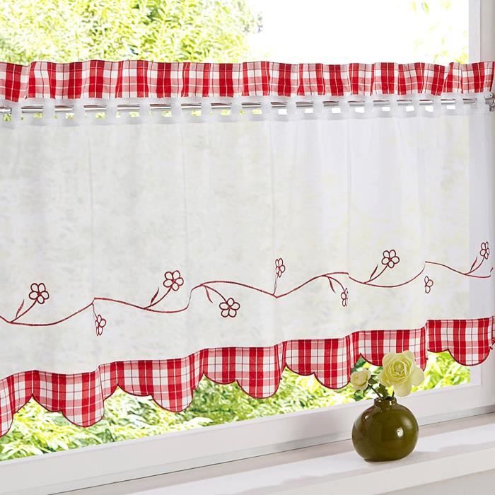 Rideau Brise-Bise Court Voilage - 130x45cm Motifs Papillons Fleurs Blanc - Pour Petites Fenêtres Cuisine SDB