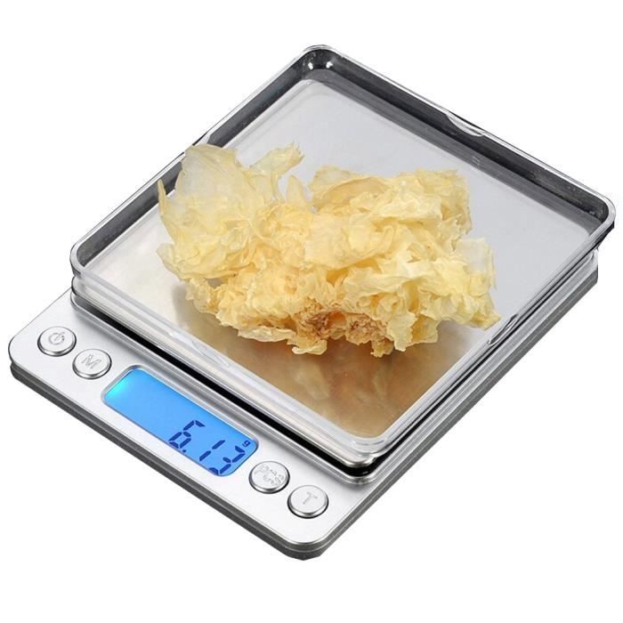 Balances de cuisine numériques en acier inoxydable (500 g 0,001 oz / 0,01 g) avec 2 plateaux amovibles