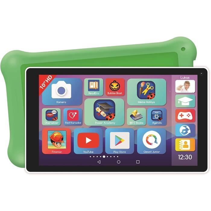 Lexibook- Deluxe Wi-FI Bluetooth Google Play MFC514DE Tablette 10 Pouces Applications dapprentissage et de Jeu Android Youtube Blanc/Vert Étui de Protection pour Enfants 