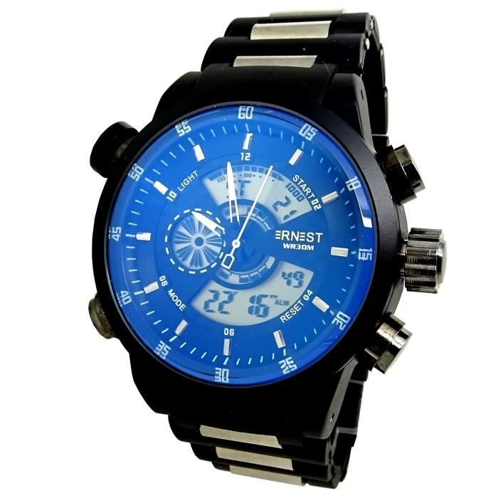 MONTRE HOMME DIGITALE AIGUILLES NOIR VERRE BLEU ALARME CHRONO 2