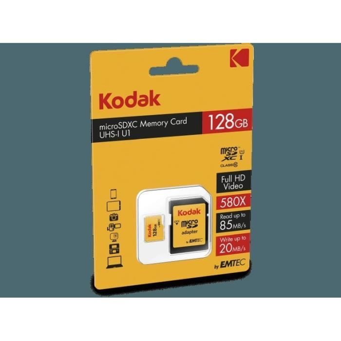 KODAK Class10 U1 Carte mémoire microSDHC - 128 GB - Avec adaptateur