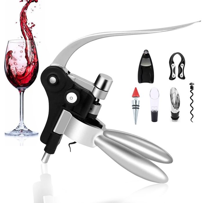 Coffret Sommelier 9 Pièces - Tire-bouchon à Levier, Coupe-capsule, Verseur, Thermomètre, Bouchons, Etc. - Boîte En Bois