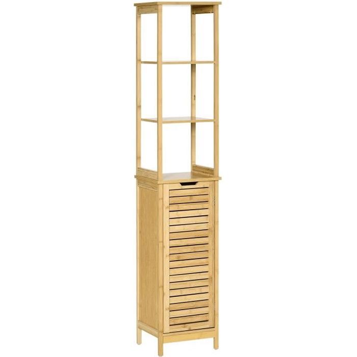 meuble colonne de salle de bain - kleankin - bambou et mdf - 3 étagères et placard porte persienne