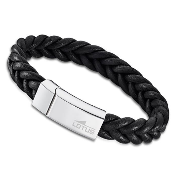 Bracelet - Lotus - Jonc - Cuir tressé noir - Acier inoxydable - 23cm