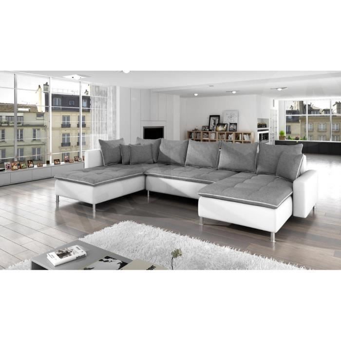 Canapé Panoramique Dante Tissu Gris Simili Cuir Blanc