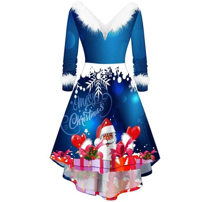 Générique Robe Noël Femme Vintage Manches Longue Robe De Soirée Grande Taille Impression Noël Robe Cocktail Femme Mariage Genou Midi Costume De Noël Midi Deguisement Noël Femme