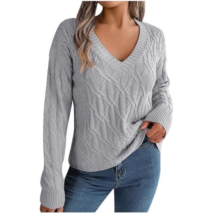 Pull Thermique Femme Pull Styl et l gant Pull Court Tricot Manches Longues Couleur Unie Col en V Torsad Pull Doux Confortable