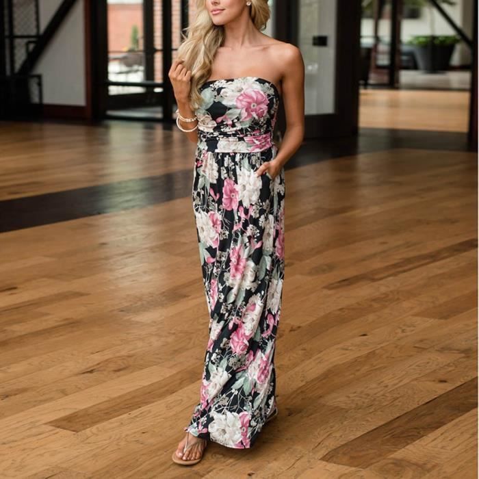 Robe longue buste dénudé imprimé multicolore femme