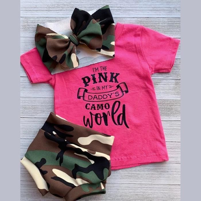 0-3 Ans 3 PCS Ensemble de Vêtements d'Été pour Bébé Fille: T-shirt Rose Imprimé Lettre + Short PP Camouflage + Bandeau Cheveux