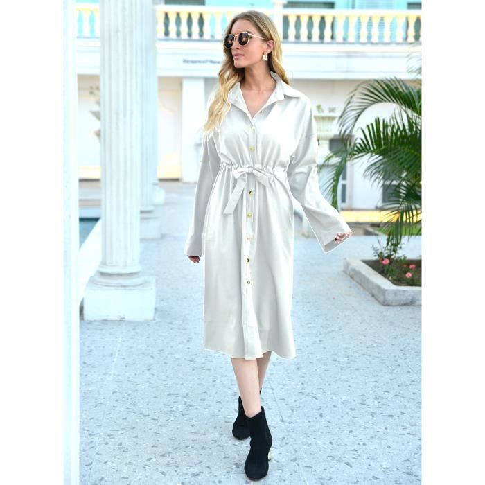 Robe Femme Mi longue Col revers Manches longues Casual Couleur unie