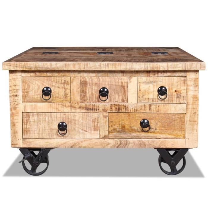 Table basse - OMABETA - M16947 - Bois de manguier brut - 5 tiroirs - 4 roulettes en fer