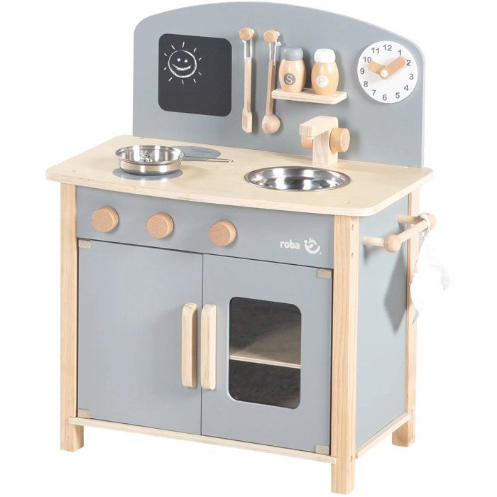 Cuisine enfant en bois - ROBA - Avec plaque de cuisson four évier accessoires et horloge - Gris / Naturel