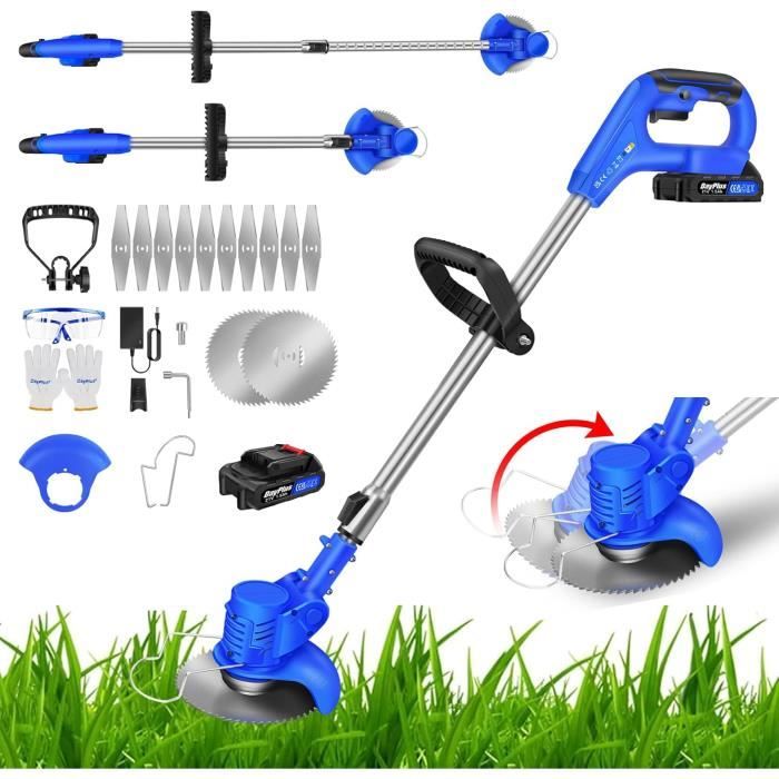 Coupe-bordures Sans Fil 21V 3 En 1 - Avec 3 Lames (plastique, Inox, Alliage), 2 Batteries 2Ah, Manche Télescopique, Roue