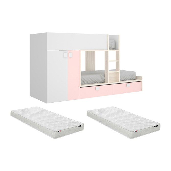 Lits Superposés 2 x 90 x 190 cm - Armoire intégrée - Blanc naturel et rose + matelas - JUANITO