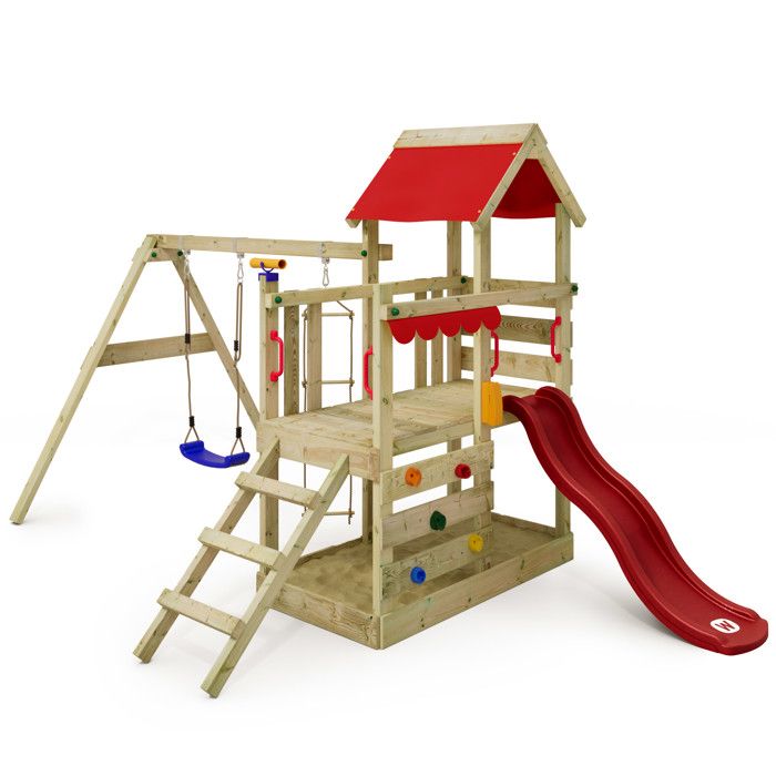 WICKEY Aire de jeux Portique bois TurboFlyer avec balançoire et toboggan rouge Maison enfant extérieure avec bac à sable
