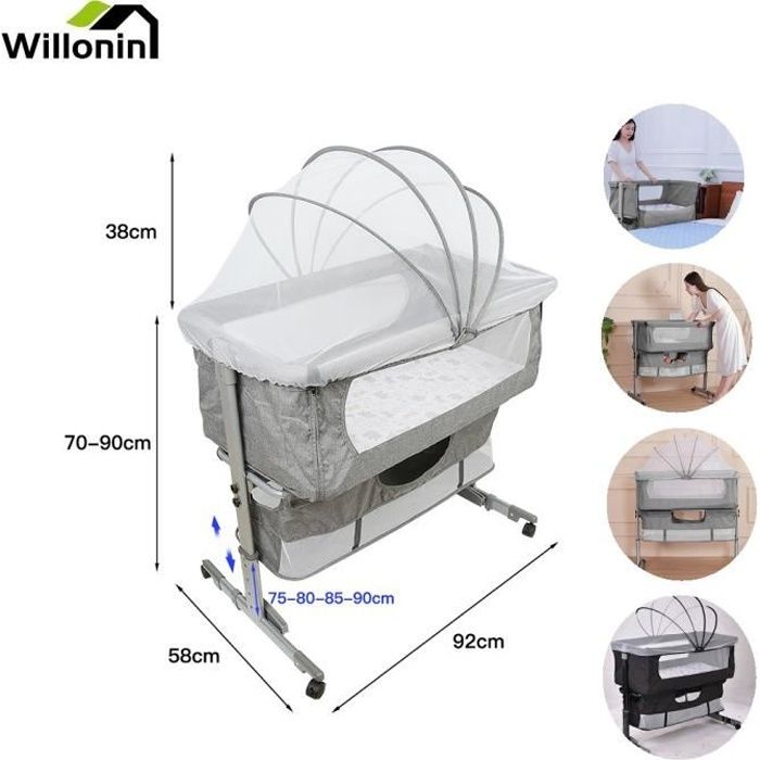 Berceau Cododo Réglable Avec Roulettes - 7 Hauteurs - Avec Matelas Et Panier De Rangement - Tissu Respirant - Gris Clair