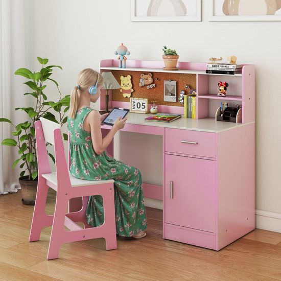 Bureau Enfant Avec Chaise Ergonomique - Tableau Liège, étagère, Tiroir, Armoire, Charge 60/100 Kg