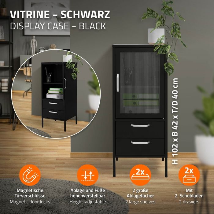 ML-Design Vitrine Salon 42x102,5x40 Cm Noir - Armoire Étroite 3 Étagères Avec Porte Style Industriel