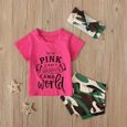 0-3 Ans 3 PCS Ensemble de Vêtements d'Été pour Bébé Fille: T-shirt Rose Imprimé Lettre + Short PP Camouflage + Bandeau Cheveux-2