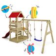 WICKEY Aire de jeux Portique bois TurboFlyer avec balançoire et toboggan rouge Maison enfant extérieure avec bac à sable-2