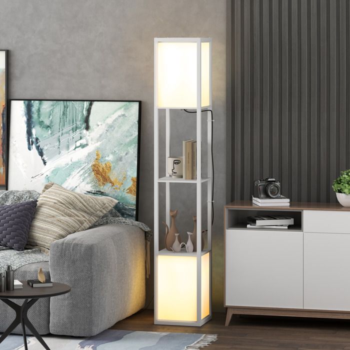 HOMCOM Lampadaire Sur Pied Avec Étagères – Double Abat-jour Tissu – Style Moderne Salon Chambre Bureau Blanc