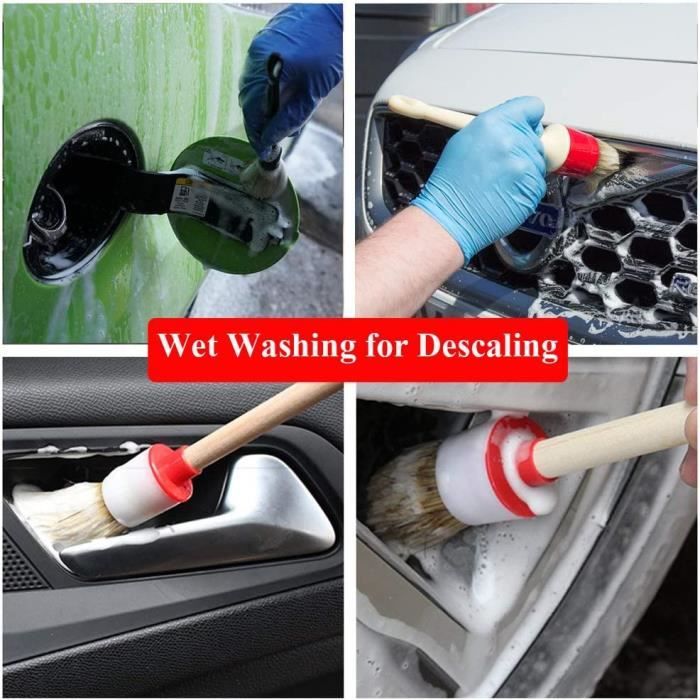 Brosse de nettoyage de voiture 5 en 1 brosses à cheveux de sanglier naturel  outils de détail automatique produits roues tableau de bord (blanc)