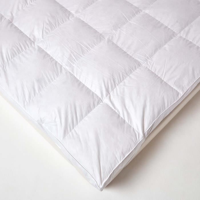 Alpes Blanc – Surmatelas Luxe en Plumes et Duvet 140x190 cm – Fabrication française – Confort hôtel Ferme – Gonflant et Moelleux – Enveloppe Percale 91 Fils - Traitement antiacariens