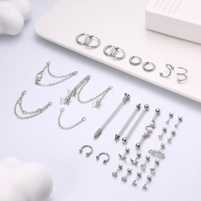 Adramata 16Pcs 20G Piercing Oreille Pour Femme Acier Chirurgical Boucles D' Oreilles Pendantes Piercing Cartilage Tragus Piercing Anneaux Conque Oreille Piercing Helix Tragus Piercing Bijoux,B