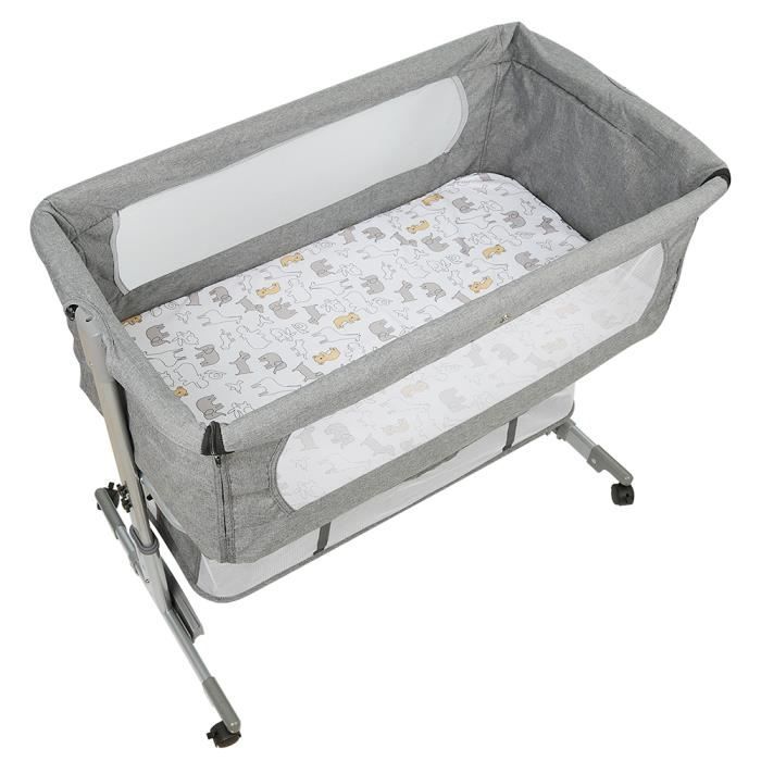 Berceau à Inclinaison Réglable Gris Lin - Lit Cododo Bébé Avec Matelas Et Roues 360° 95x50x98-110cm