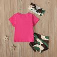 0-3 Ans 3 PCS Ensemble de Vêtements d'Été pour Bébé Fille: T-shirt Rose Imprimé Lettre + Short PP Camouflage + Bandeau Cheveux-3