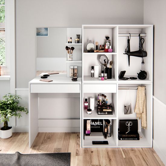 Coiffeuse Vicco Isabelle Blanche Avec Miroir Et Tabouret Design, MDF, Neuve