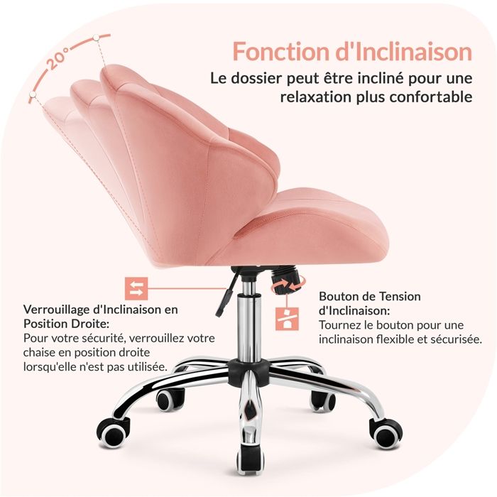 Fauteuil De Bureau En Velours Rose - Dossier Capitonné Arrondi - Hauteur Réglable - Roulettes - Charge 136kg - Dimensions 60x56.5x73-83cm