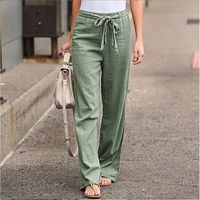 Mode femmes couleur unie ceintures en lin droites pantalons longs décontractés Vert