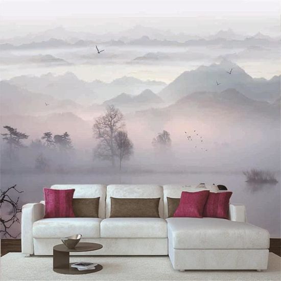 Papier Peint Panoramique 3D,Montagnes de brume de paysage