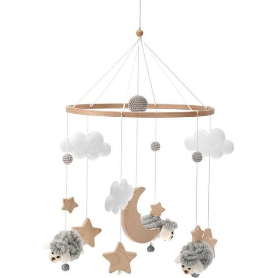 Mobile Musical Pour Lit Bébé Vlecexs - Étoiles Et Nuages Gris, Carillon Doux, Peluche Et Bois, Pour Fille Ou Garçon