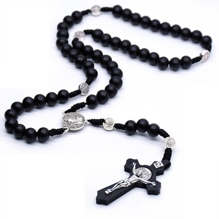 chapelet en bois pour homme et femme, collier religieux, chapelet de croix noire Antique, collier perlé, jésus see chart -THJR3732