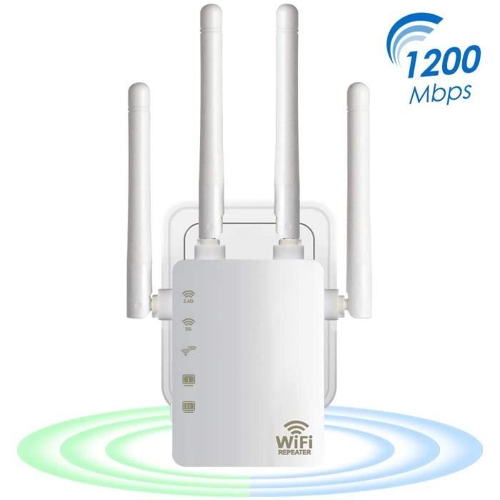 1200Mbps Répéteur WiFi Puissant, Amplificateur Signal WiFi Double Bande 2.4GHz et 5GHz avec 4 Antennes Externes,