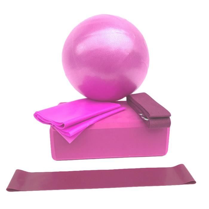 5pcs Kit de Yoga Ballon de Exercices + Bloc de Yoga + Etirement Sangle + Ceinture de Yoga + Bande de Résistance - Rose