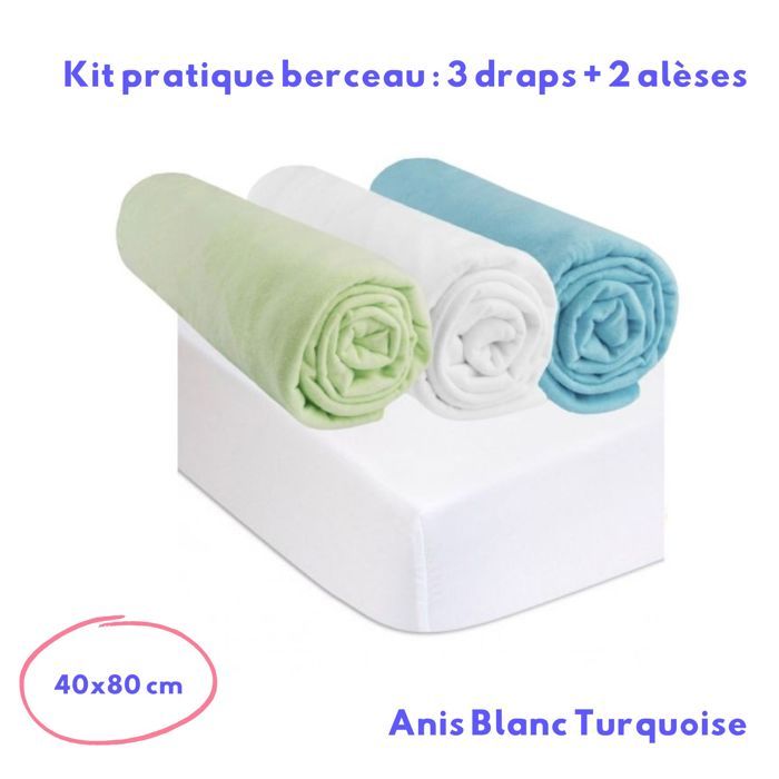 Kit pratique de linge de lit bebe : 3 draps housse 40x80 multicouleur + 2 alèses, protèges matelas 40x80 berceau bebe 100% coton